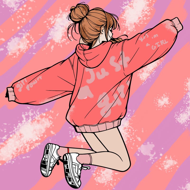 realistic girl jumping with a bun and oversized sweatshirt
