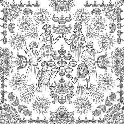 Step into a world where history meets festivity with this captivating Diwali coloring page. Join iconic historical figures as they partake in the joyous traditions of the Festival of Lights, surrounded by dazzling diyas and fireworks.