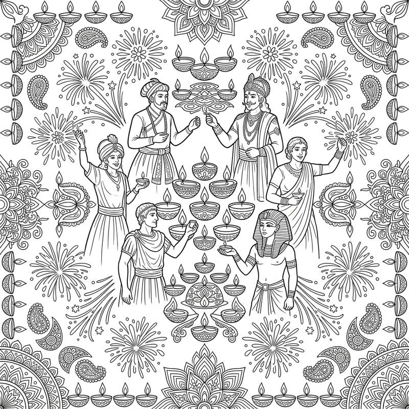 Step into a world where history meets festivity with this captivating Diwali coloring page. Join iconic historical figures as they partake in the joyous traditions of the Festival of Lights, surrounded by dazzling diyas and fireworks.