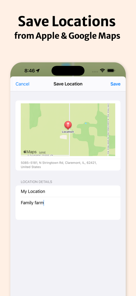 Captura de pantalla de la aplicación Address Finder que muestra la pantalla Guardar ubicación con un mapa y un campo de notas personalizadas.