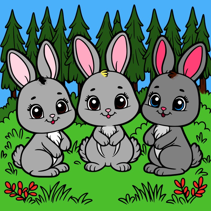3 rabbits with big eyes, on a meadow in the forest