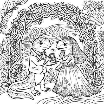 Dive into a unique celebration with this delightful newt wedding coloring page! Featuring two charming newts exchanging vows under a beautiful floral arch, it's a perfect blend of whimsy and romance.