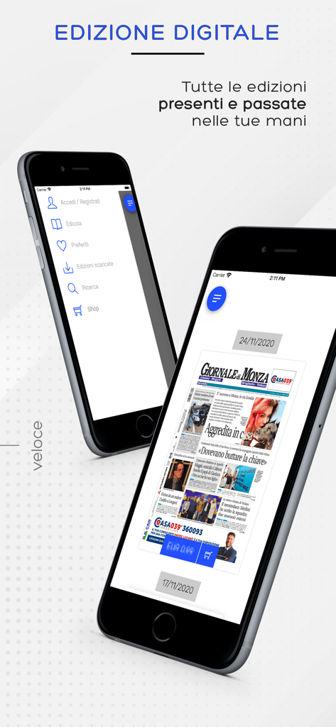 Il Giornale di Monza Digitale - Interfaccia dell'app Il Giornale di Monza su due smartphone che mostrano il menu laterale e la prima pagina del quotidiano digitale.