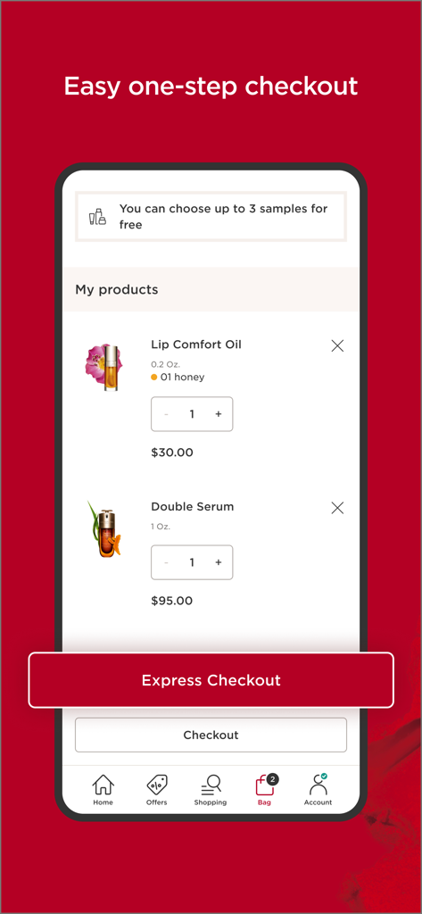 Clarins - Skincare and Makeup - Panier de l'application mobile Clarins montrant des produits de soins de prestige et un bouton de paiement express en une étape
