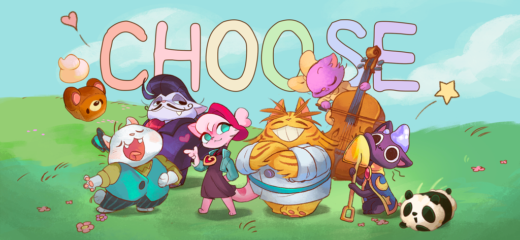 A group of diverse and adorable cat characters from Campfire Cat Cafe under the word CHOOSE.