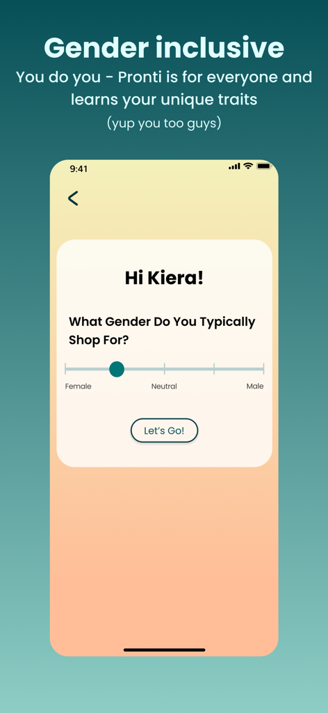 Outfit Maker - Pronti AI - Pronti AI app screen showing gender inclusive shopping preference selection with a slider