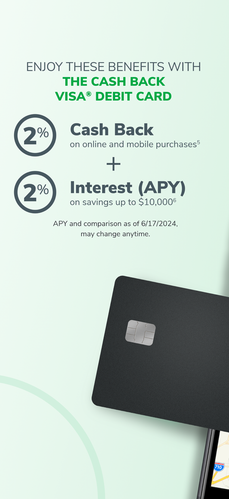 Green Dot - Mobile Banking - 구매 시 2% 캐시백 및 저축 시 2% 이자를 강조하는 Green Dot 앱 화면