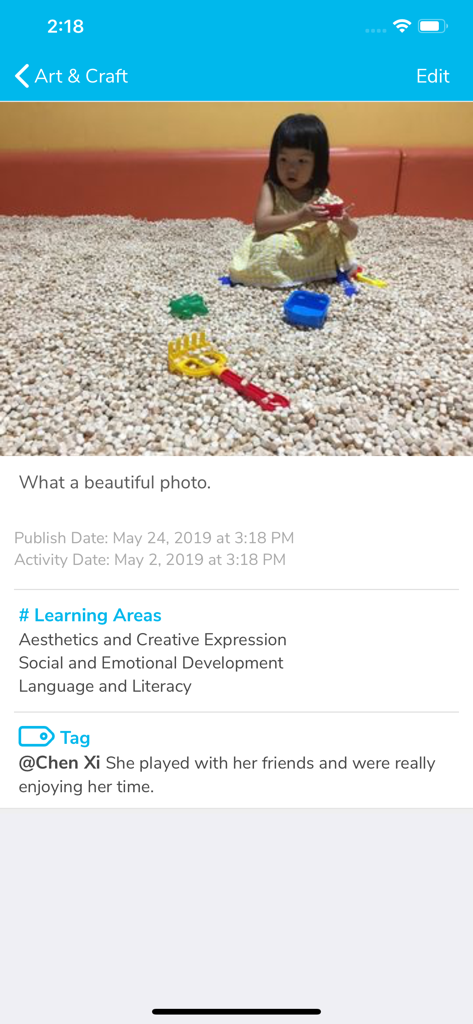 Una publicación de documentación en la aplicación LittleLives para Maestros que muestra una foto de un estudiante con áreas de aprendizaje etiquetadas y notas de observación