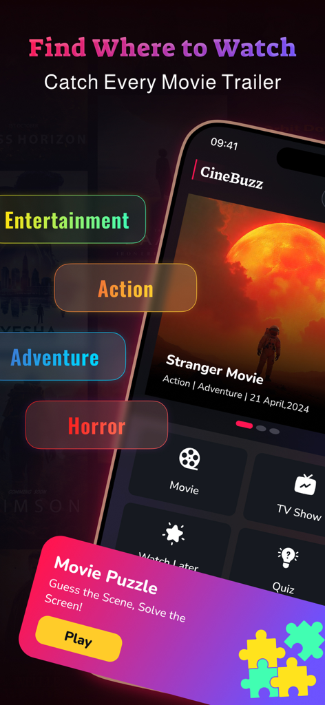 MovieBox app interface highlighting movie categories, trailer discovery, and an interactive movie puzzle feature.