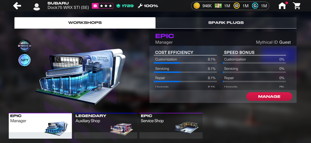 Nitro Nation World Tour - In-game menu for managing digital workshops and car maintenance in Nitro Nation World Tour