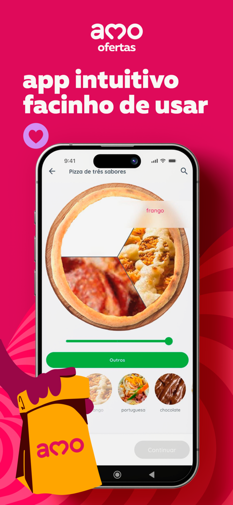 Smartphone mit der Amo Ofertas-App, die eine Pizzasaucen-Auswahl-Oberfläche und eine Liefertaschen-Illustration anzeigt.
