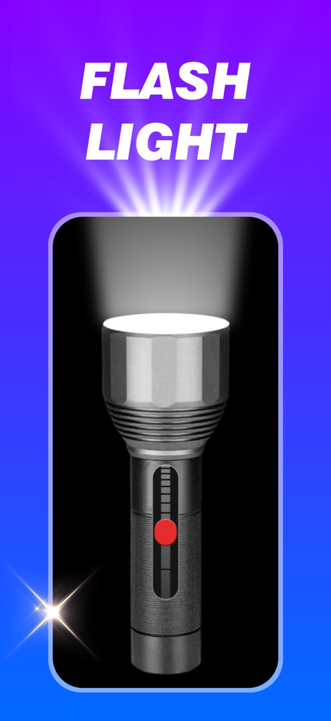 Una pantalla de smartphone mostrando una linterna realista con un botón de encendido rojo y rayos de luz sobre un fondo morado.