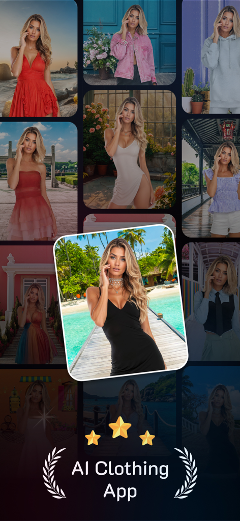 Clothes Changer: Try On Outfit - Un collage que muestra a una mujer con varios atuendos generados por IA, incluyendo vestidos, chaquetas y trajes de baño.