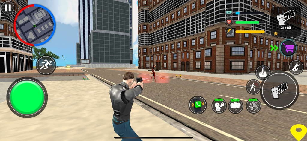 Action gameplay in an open world city with a character aiming a handgun