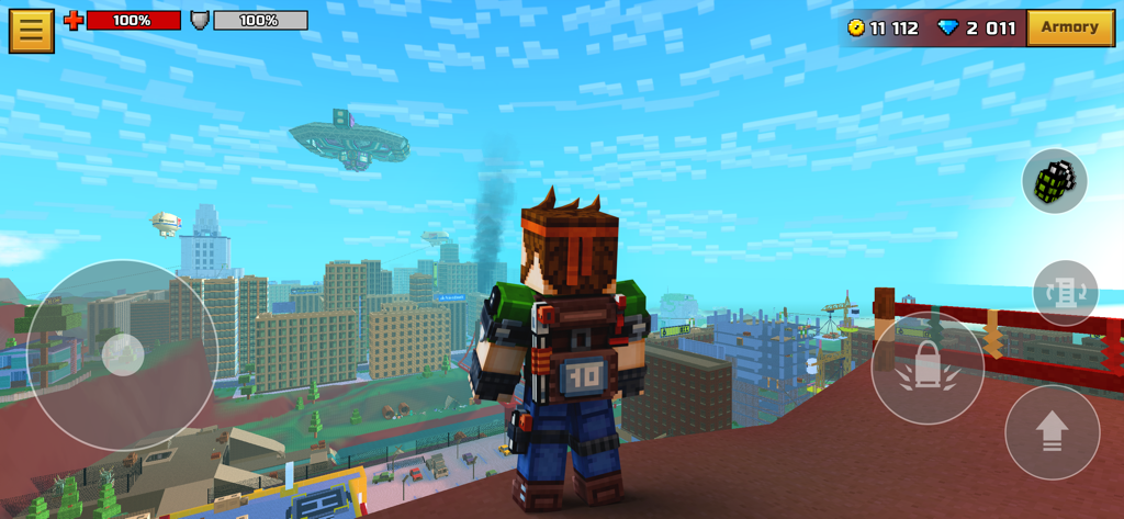 Third person view of a blocky character looking over a voxel city in Pixel Gun 3D