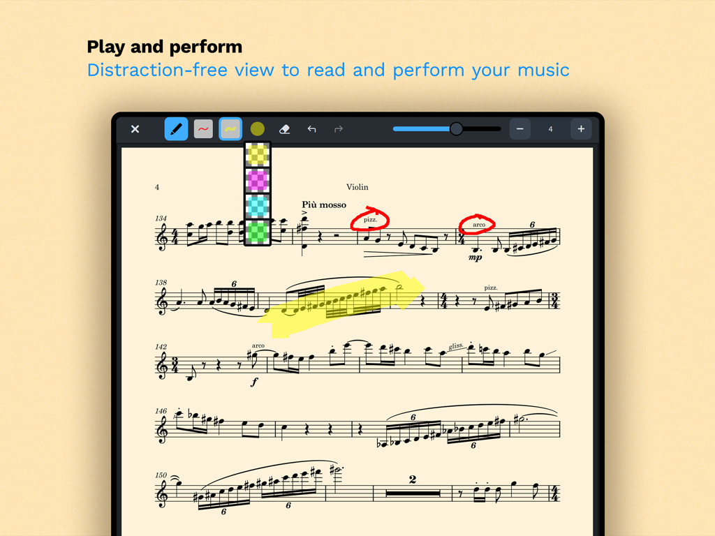 Dorico - Compose Music - A violin score in Doricos distraction-free read mode featuring digital annotations and highlights