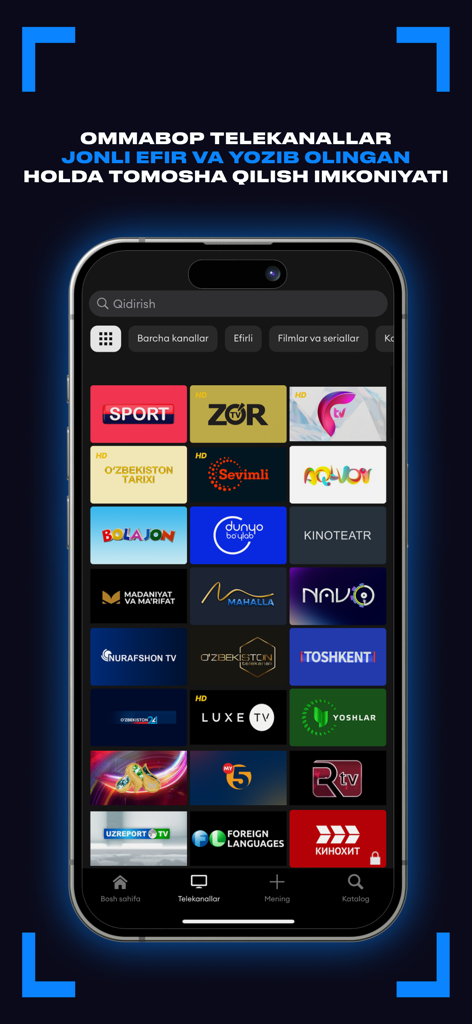 KINOM - Smartphone screen showing a grid of Uzbek television channel logos within the Kinom streaming app