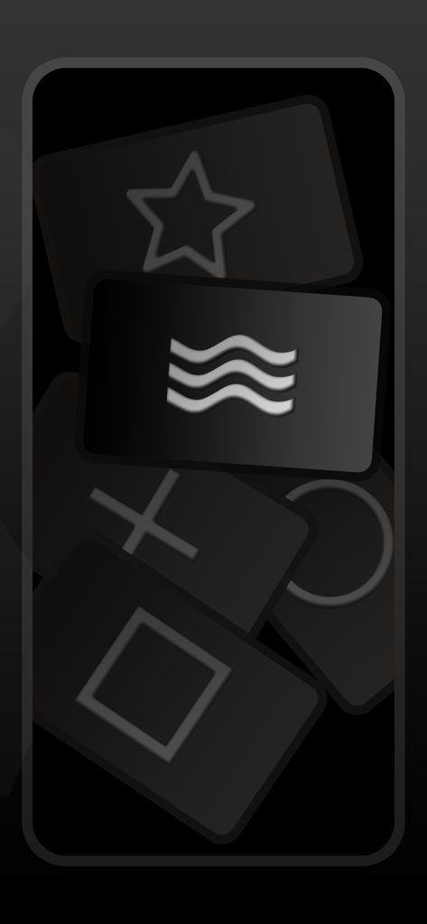 Cartas digitais ESP Zener exibidas em uma tela de smartphone para o aplicativo de mentalismo Avaton.