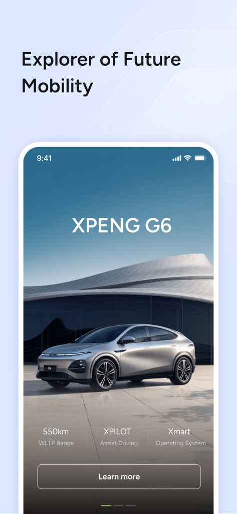 XPENG - XPENG app interface showing the G6 electric vehicle model with specifications for range and assist driving features
