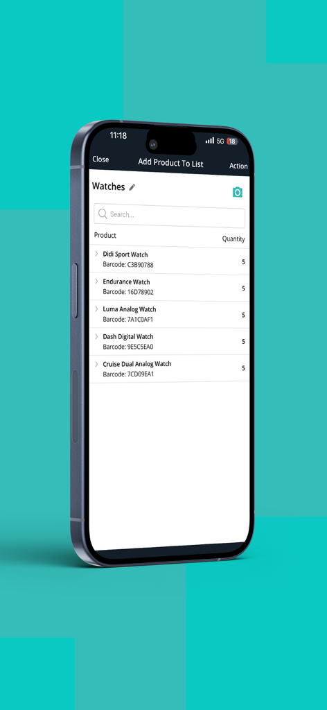 Inventory Scan by Hike - Inventory Scan by Hike app interface showing a list of scanned products with barcodes and quantities on an iPhone.