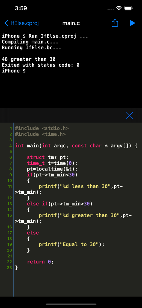 C code editor and terminal output on an iPhone using C Shell compiler