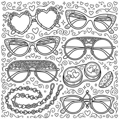 Express your affection with this charming Valentine's Day eyewear coloring page, featuring a delightful array of glasses, sunglasses, and accessories adorned with romantic details. It's the perfect creative activity to celebrate the season of love with intricate designs.