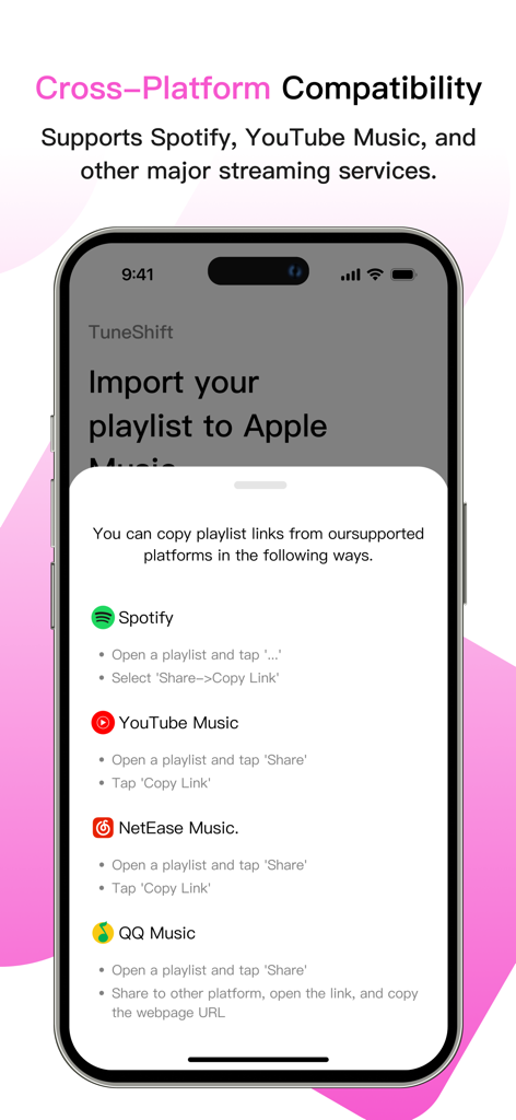 TuneShift - Pantalla de la app TuneShift mostrando instrucciones para copiar enlaces de listas de reproducción de Spotify, YouTube Music, NetEase y QQ Music para la transferencia