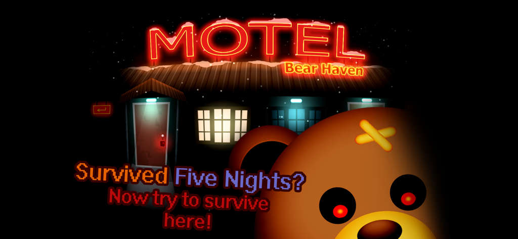 Werbebild für Bear Haven Motel Nights, das einen gruseligen Bären mit roten Augen vor einem Neon-Motelschild zeigt