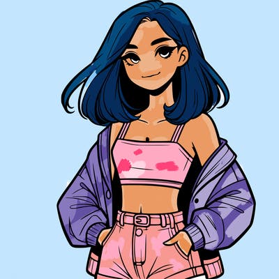 a realistic girl with a crop top and short shorts in an open jacket
