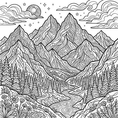Immerse yourself in the tranquility of nature with this stunning adult mountain coloring page. Featuring intricate details of towering peaks and a peaceful valley, it's designed for mindful relaxation.