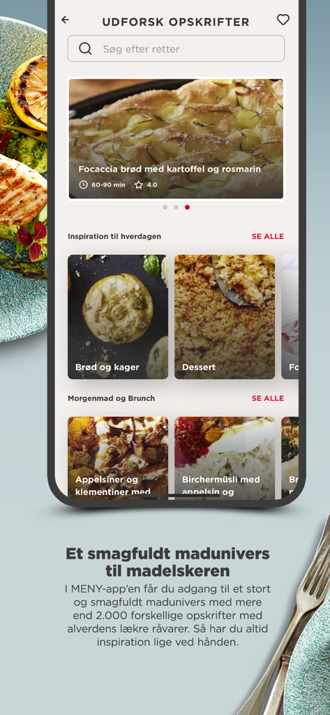MENY Danmark - MENY Danmarkアプリのインターフェース。家庭料理人向けのレシピのインスピレーションと食品カテゴリが表示されています。