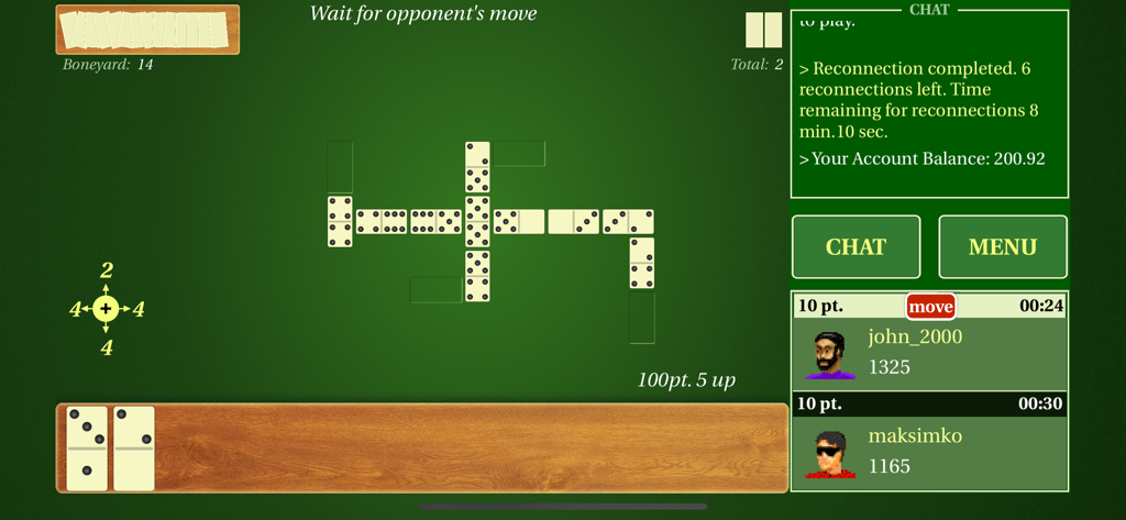 Captura de pantalla del juego de la aplicación Dominoes Live mostrando una partida online con fichas y puntuaciones de los jugadores