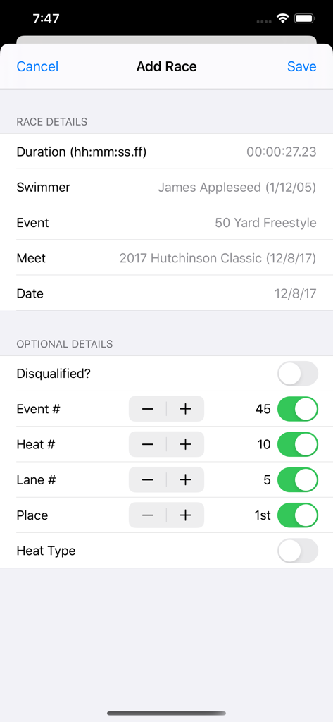 Screen for adding swim race results including duration event details and swimmer name