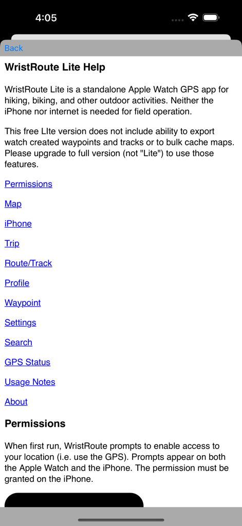 WristRoute Lite - The help and permissions documentation screen for the WristRoute Lite standalone GPS app on an iPhone.