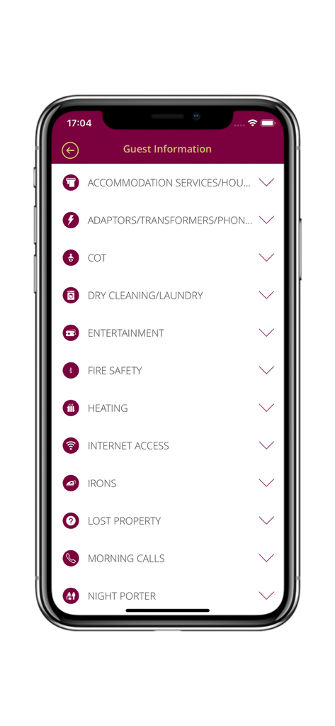 Brandon House Hotel - ブランドン ハウス ホテルアプリのゲスト情報画面、ランドリー、インターネットアクセス、モーニングコールなどのホテルサービスをリスト表示