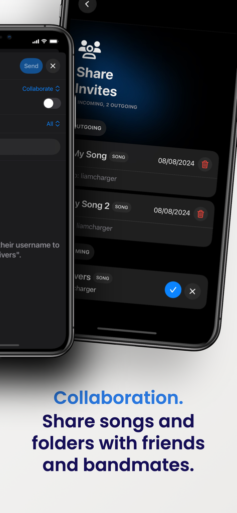 Lyrics: Live - Músicos compartilhando músicas e pastas com membros da banda no aplicativo Lyrics Live