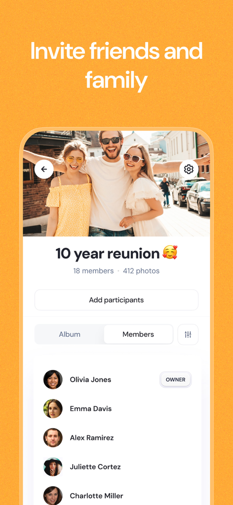 Mobile app interface for Airbum showing a shared photo album for a reunion with a list of members.