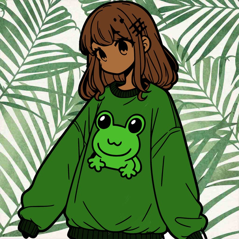 girl wearing frogging sweatshirt