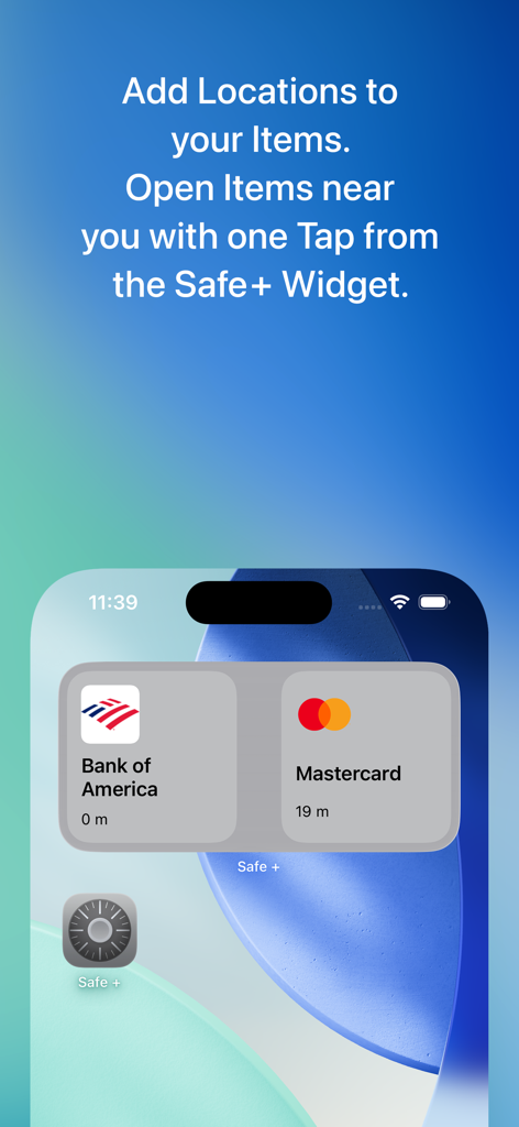 Safe +  Password Manager - Safe Plus Passwort-Manager Widget zeigt standortbasierte Elemente wie Bank of America und Mastercard an