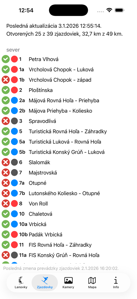 Echtzeit-Status und Schwierigkeitsgrade der Skipisten in der iJasna Jasna Nizke Tatry App