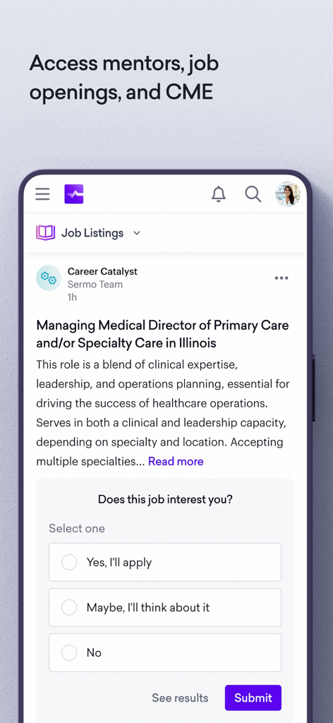Sermo: Physician Network - Un anuncio de empleo médico y una pantalla de oportunidades profesionales dentro de la aplicación de la red de médicos Sermo