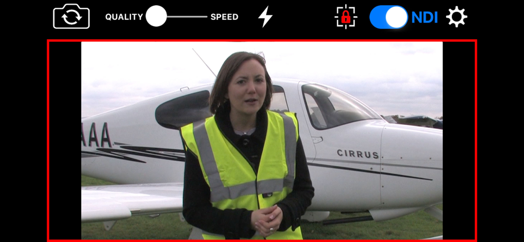 NDICam app screen showing professional video stream interface with NDI toggle and live tally light