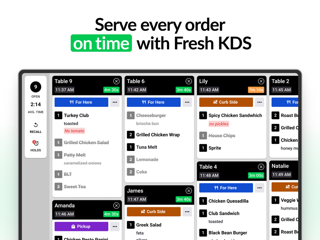 Fresh KDS | #1 Kitchen Display - Fresh KDS tablet screen showing organized restaurant order tickets with status timers