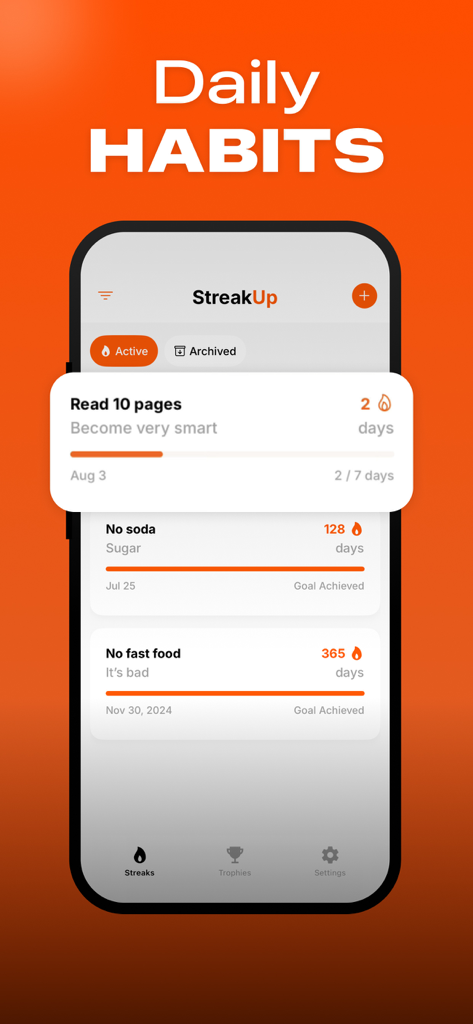 A smartphone displaying the StreakUp app interface with habit streaks for reading and health goals on an orange background