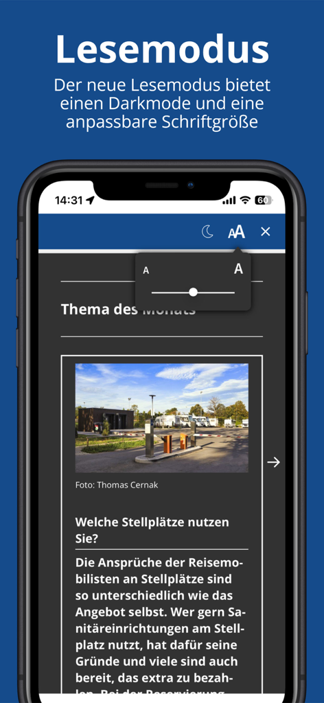 Camping Kiosk app screen showing reading mode with dark mode and adjustable font size for camping magazines