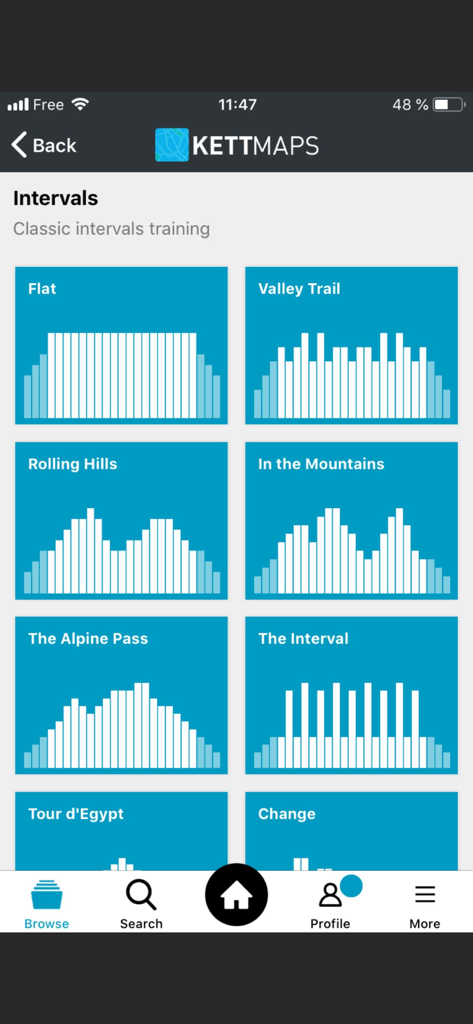 KETTMaps - KETTMaps app interface showing various classic interval training profiles like Flat, Valley Trail, and Rolling Hills with bar graphs