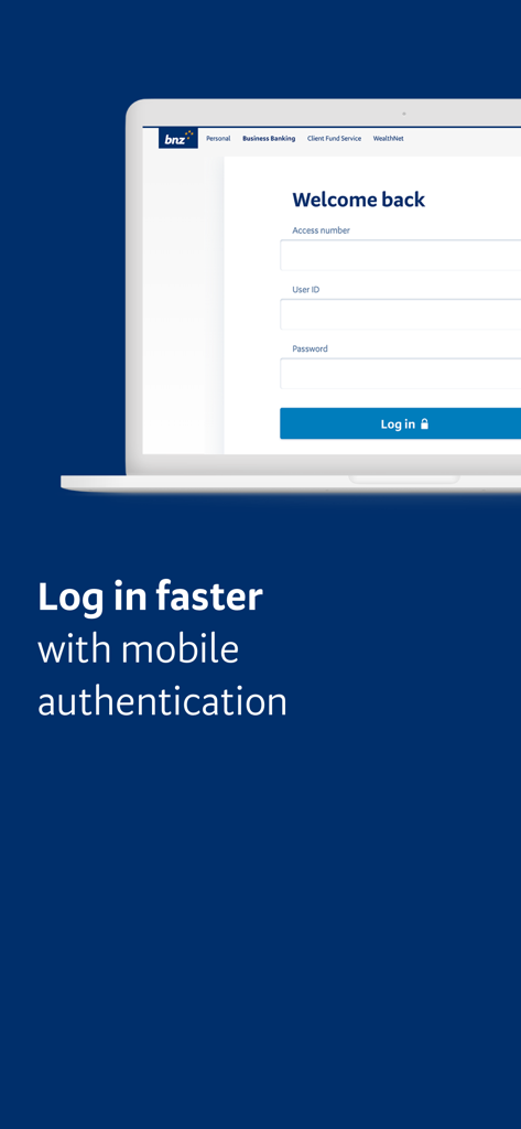 BNZ Mobile Business Banking - BNZ Business Banking login screen on a laptop featuring mobile authentication text