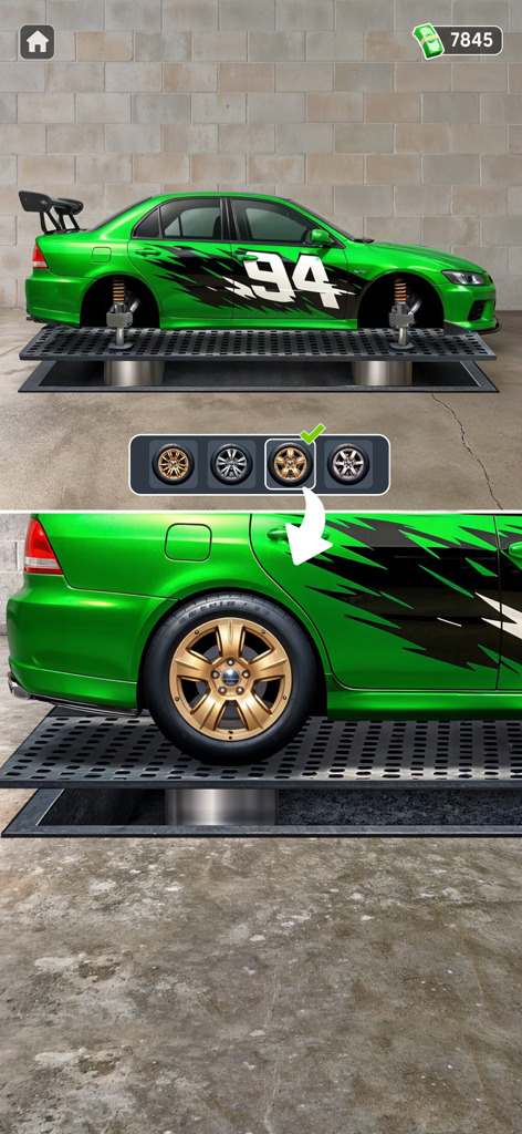 Car Wash Games: Repair Garage - A green sports car being customized with new gold rims in a repair garage game