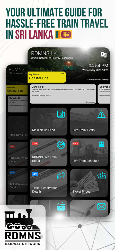 RDMNS.LK - Live Train Updates - RDMNS.LK mobile app screen for live train updates and schedules in Sri Lanka