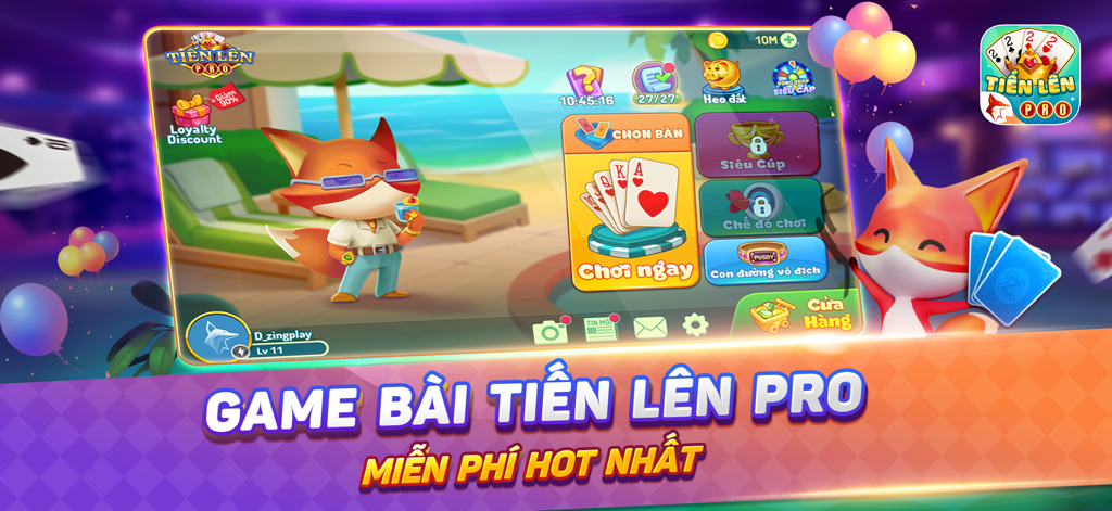 Menú principal de la aplicación Tien Len Mien Nam Pro ZingPlay con un personaje de zorro y modos de juego.